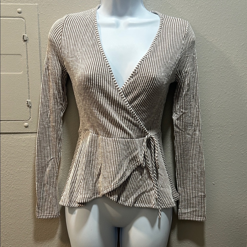 Caution To The Wind Beige Striped Wrap Blouse